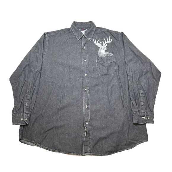 Jerzees Deer Print Shirt Mens 2XLT 2XL Tall Black Grey Chambray Long‎ Sleeve - Picture 1 of 10